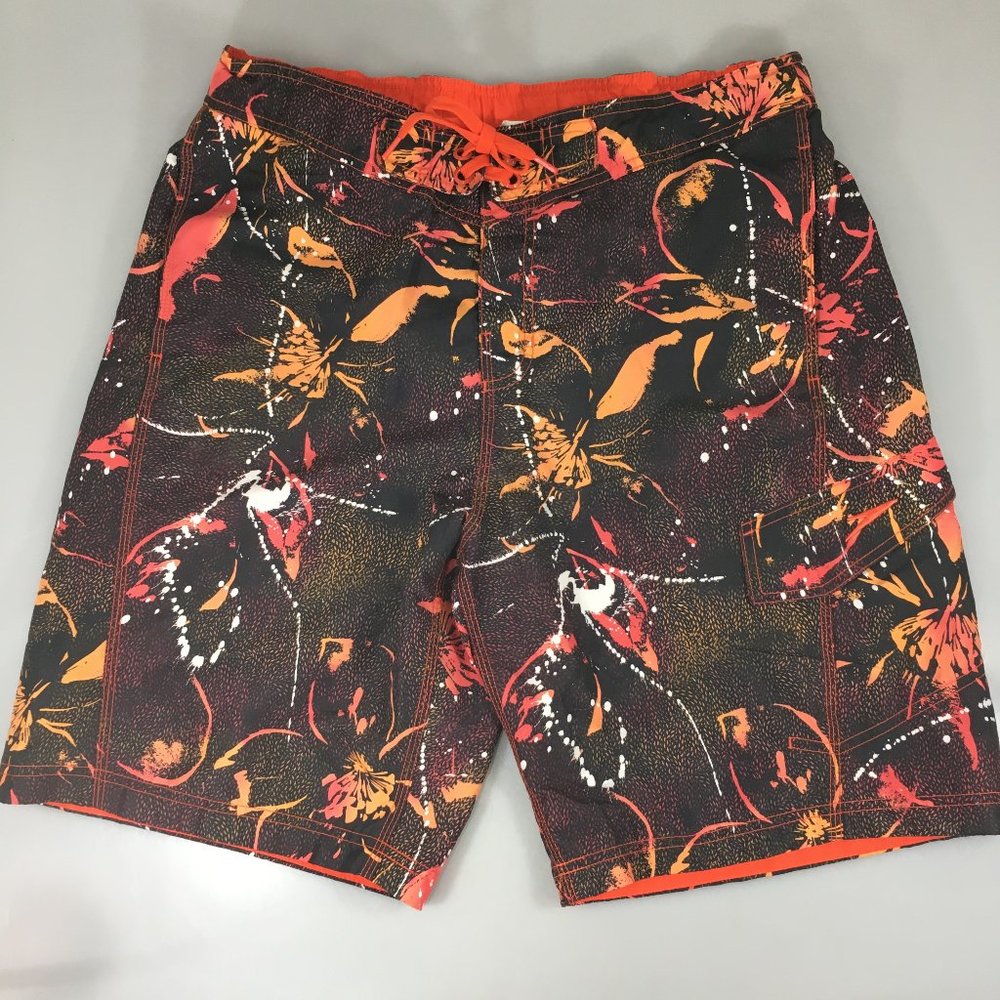 Speedo M Orange Brown Splatter Lined Board Shorts Swim Trunks Drawstring Waist